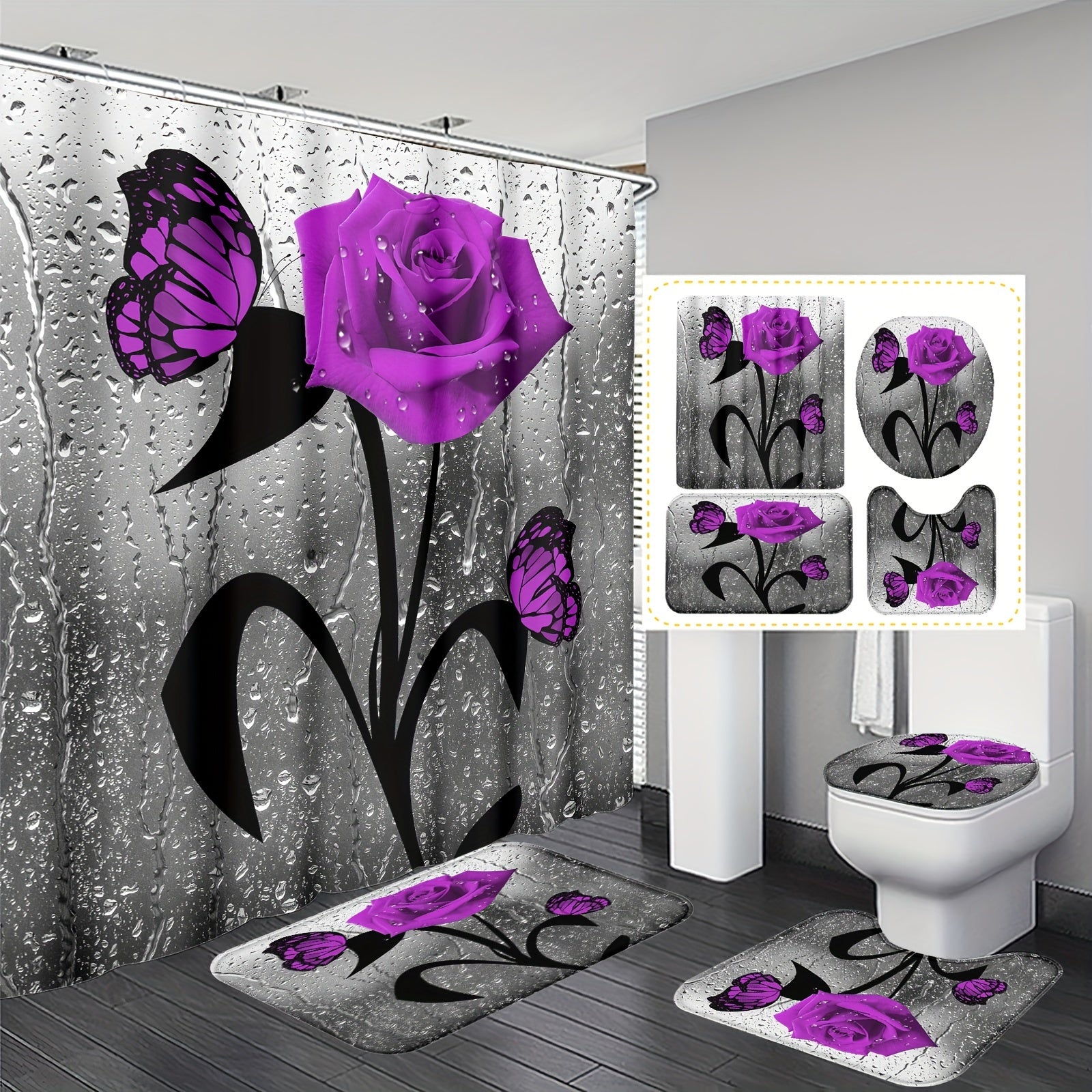 Water Drop Rose Printed Bathroom Shower Curtain Set with Hooks Non-Slip Mat Toilet Lid Mat Bathtub Partition