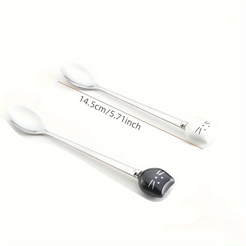Ceramic Cat Spoon Stainless Steel Kitchen Utensil for Ice Cream Tea Soup Set of 1 or 2