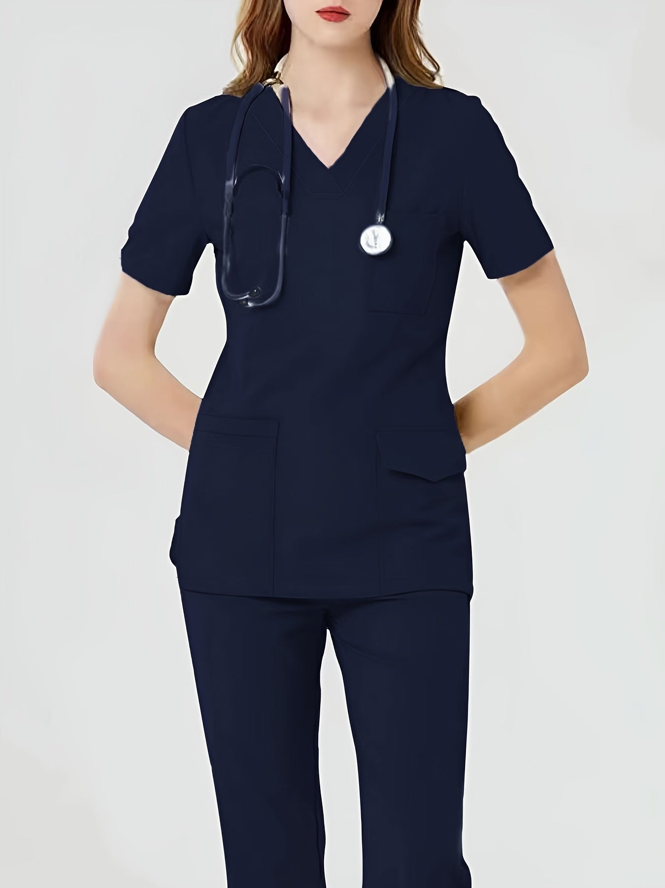 Women's Health Care Uniform Set V-Neck Top with Pockets and Solid Pants