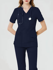 Women's Health Care Uniform Set V-Neck Top with Pockets and Solid Pants