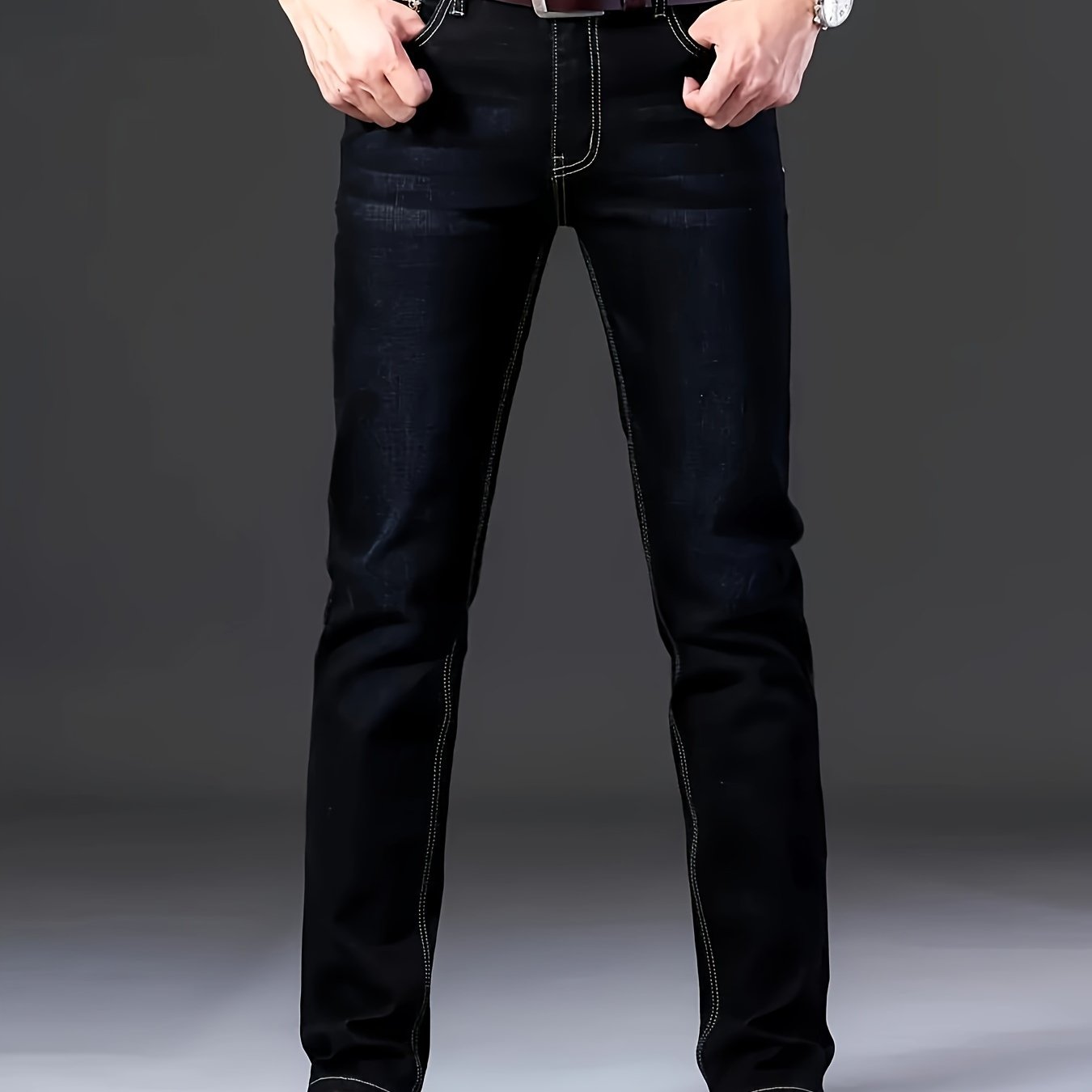 Мужские джинсы бизнес-класса с средней посадкой, эластичный хлопок, прямой крой, застежка-молния и пуговица