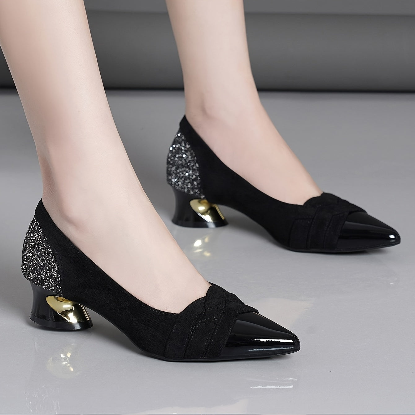 Women's Black Pointed Toe High Heels with Rhinestones and Chunky Heel