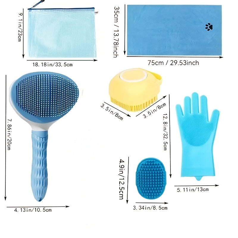 Dog Grooming Kit 6-Piece Silicone Bath Brush Microfiber Towel Shedding Tool for Pets