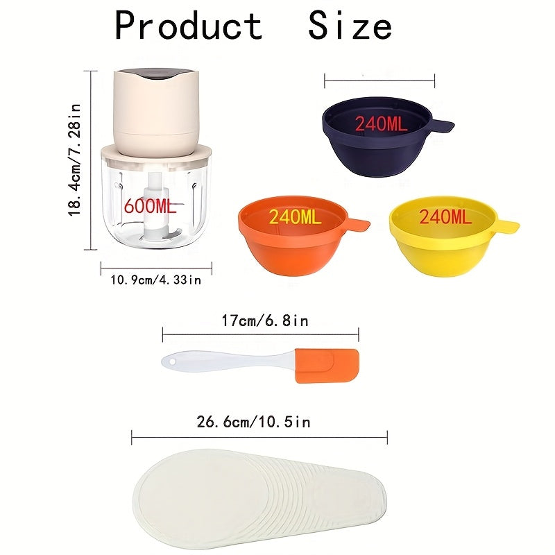 Picadora de carne recargable portátil con USB, 600ml, 1000 RPM