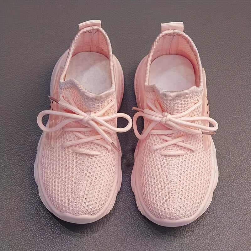 Kids' Pink Knit Sneakers with Cartoon Bear Design Non-Slip Rubber Sole Lace-Up