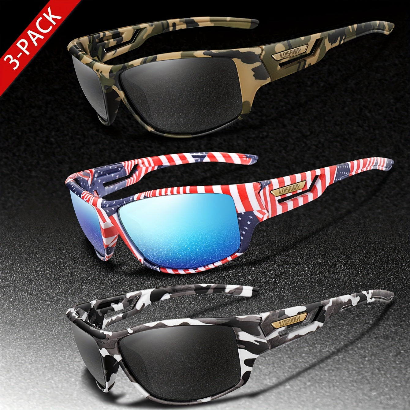 Set of 3 Camo Military Style Polarized Men's Sports Glasses for Cycling Running Fishing Driving