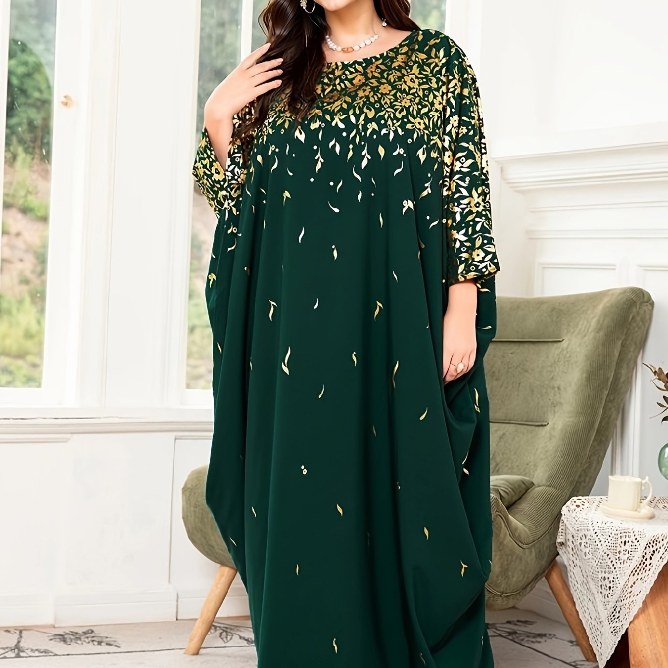 Women's Plus Size Floral Print Batwing Sleeve Maxi Dress