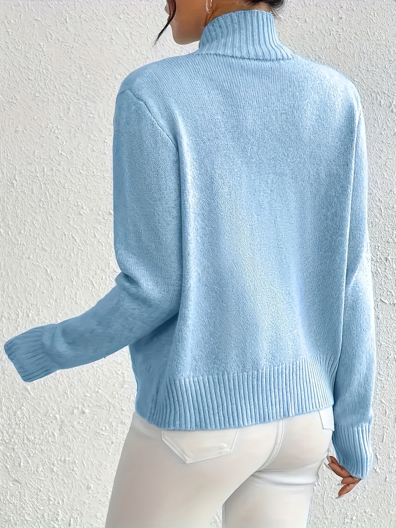 Plus Size Women's Light Blue Zip-Up Cardigan Long Sleeve Fall Winter Knitwear