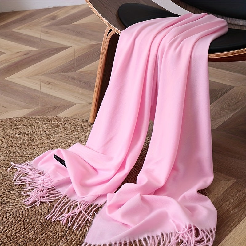 Unisex Solid Color Tassel Scarf Cashmere Feel Large Block Design Versatile Wrap