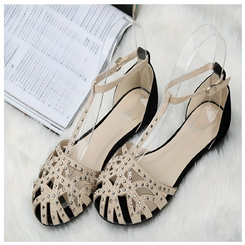 Women's Rhinestone Decor Flat Sandals Closed Toe T-Strap Ankle Strap