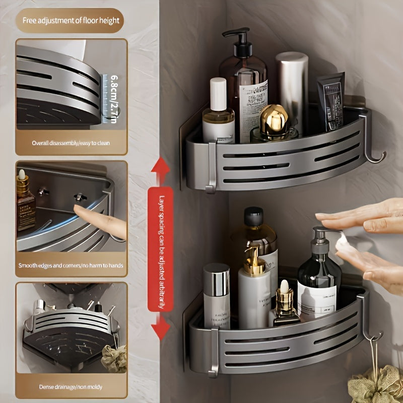 Aluminum Bathroom Corner Shelf Wall-Mounted Triangle Storage No-Drill for Toiletries Kitchen