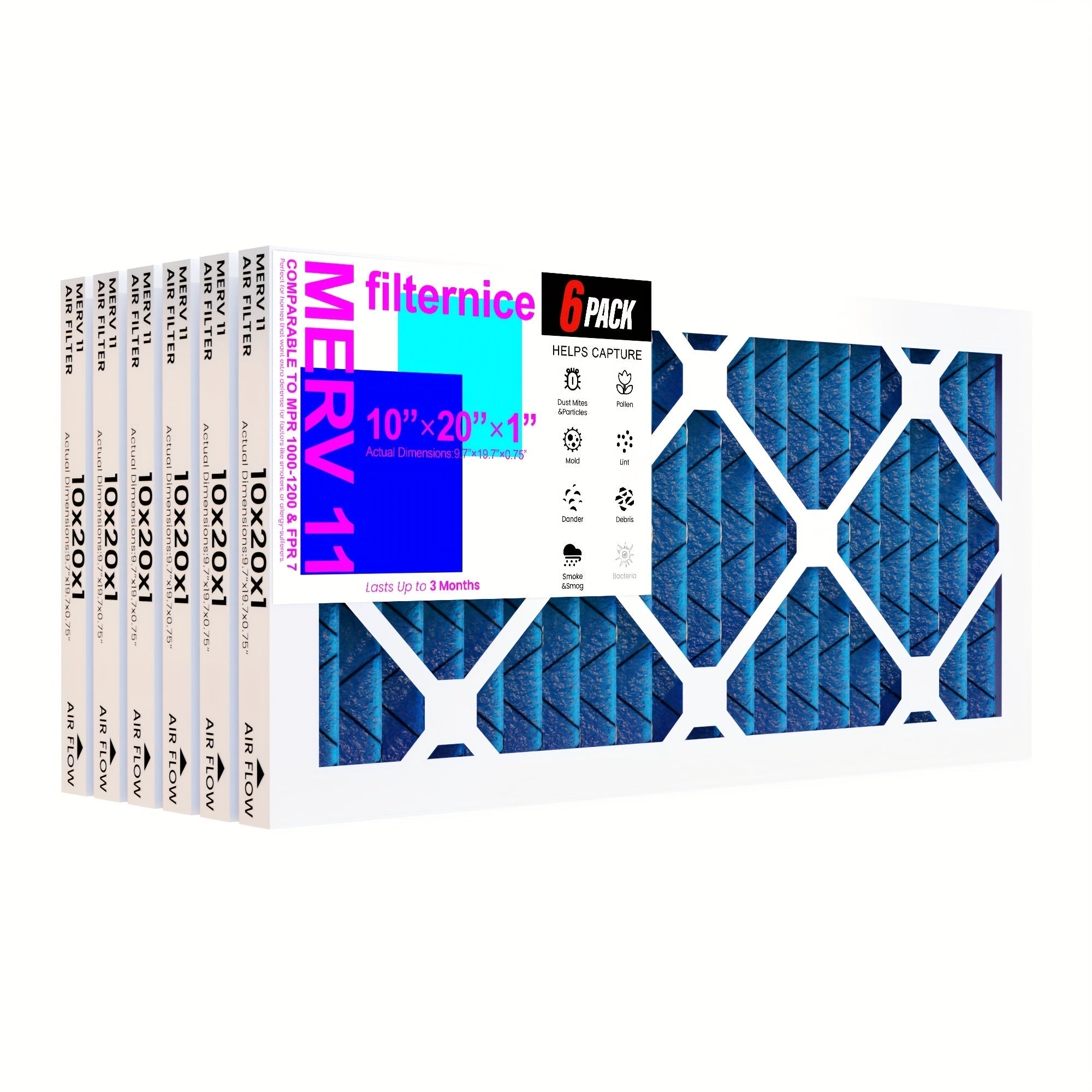 6-to'plam elektrostatik pleated havo filtrlari 25.4x50.8x2.54 sm MERV8/11/13 HVAC AC