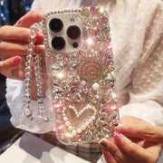 Luxury Pink Crystal TPU Phone Case with Rhinestones and Lanyard for iPhone 16 Pro Max and 15 Plus