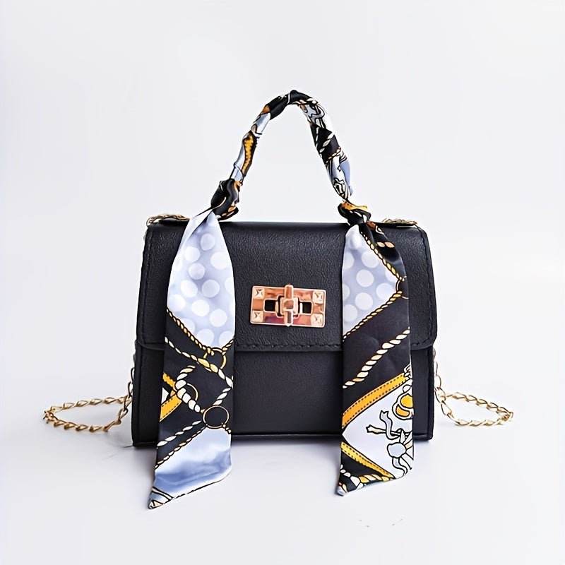 Women's PU Leather Crossbody Bag with Geometric Print and Scarf Accent