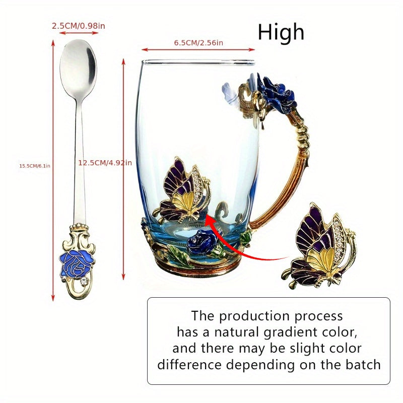 Enamel Crystal Tea Cup with Butterfly and Rose Design Includes Spoon Clear Glass