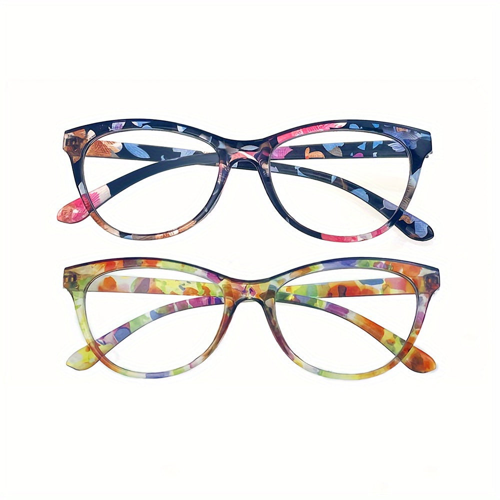 Juego de 2 gafas de lectura para mayores de montura completa con forma de ojo de gato, almohadillas nasales y estampado clásico