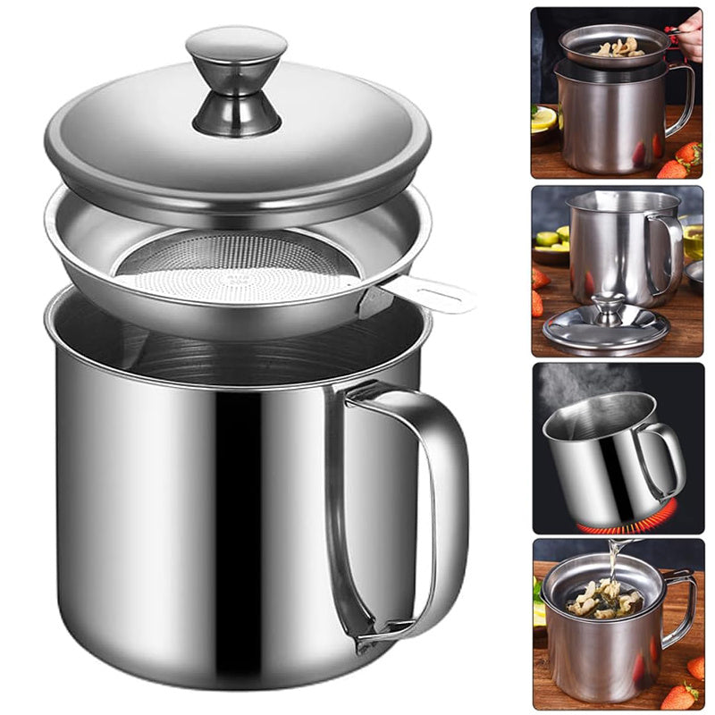 Stainless Steel Oil Storage Container with Strainer 43.96oz Kitchen Filtration Pot