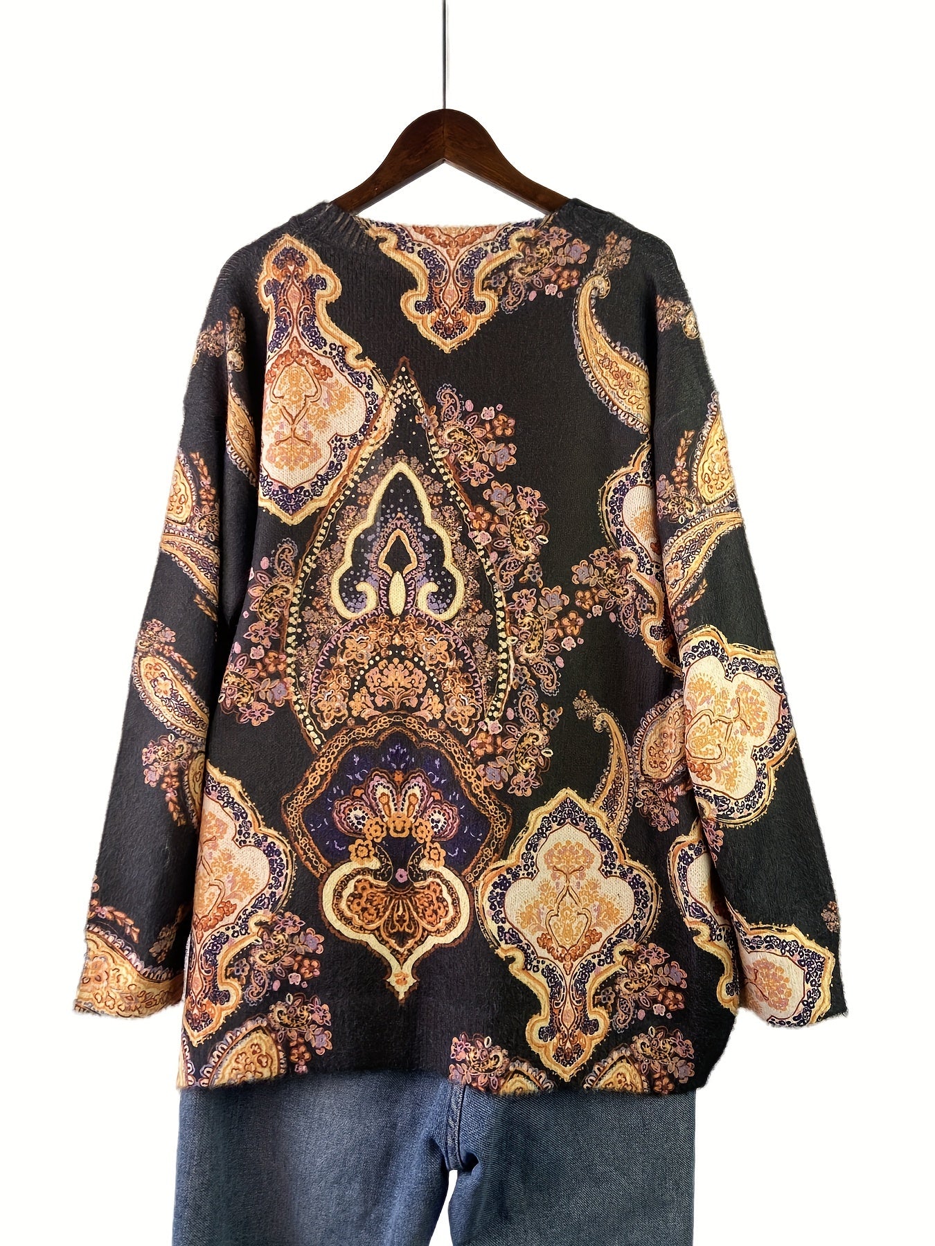 Plus Size Floral Pattern Sweater for Women Fall Winter Casual Long Sleeve Crew Neck