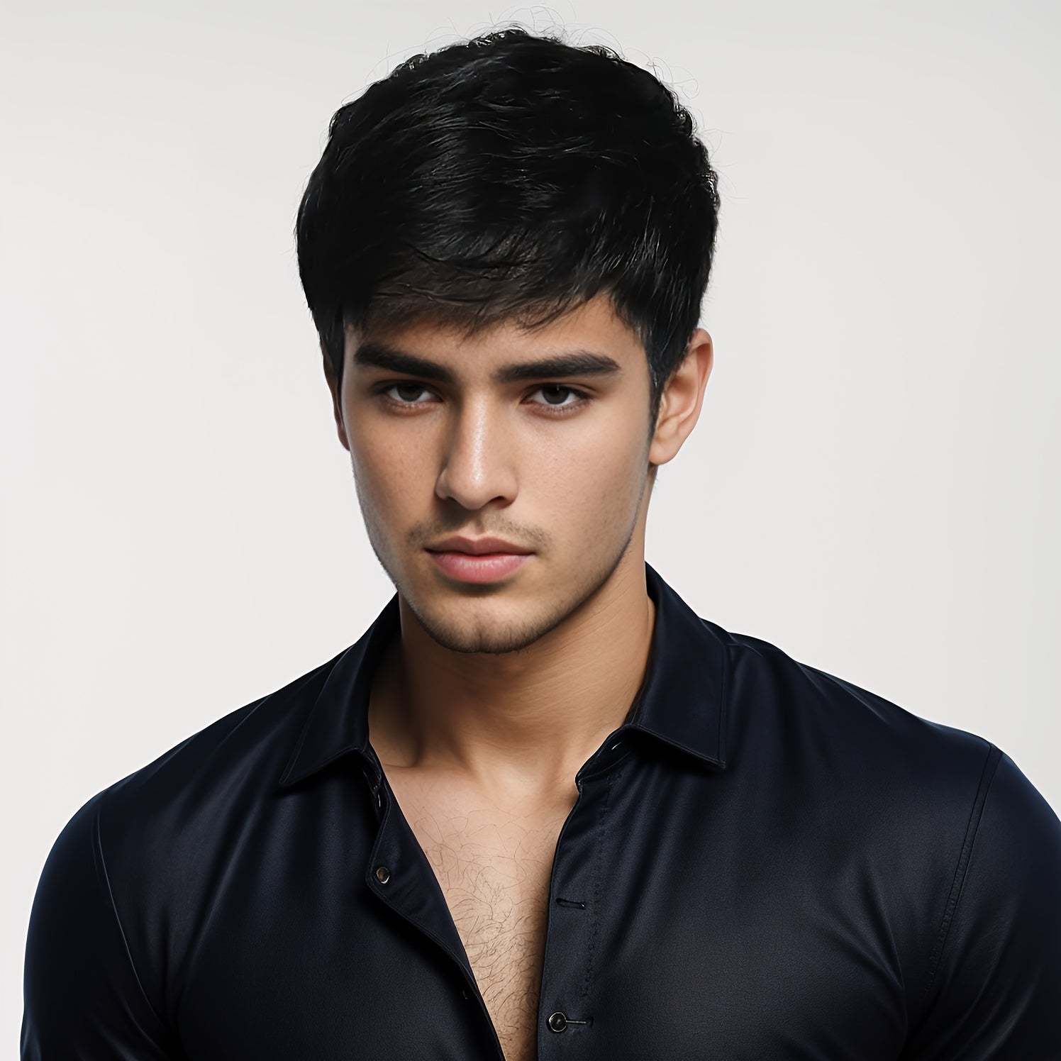 Men's Black Fluffy Wig with Side-Swept Bangs for Cosplay and Daily Wear