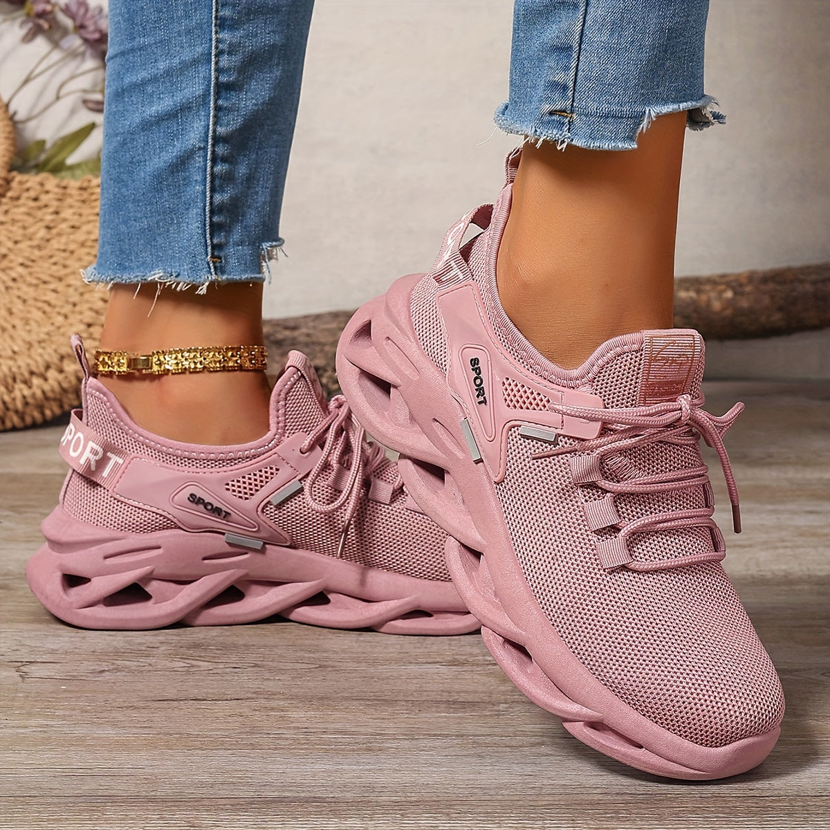 Women’s Red Breathable Knit Running Shoes Lightweight Cushion Sneakers