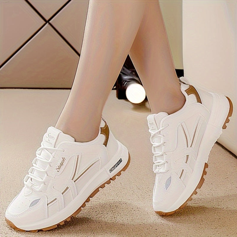 Women's Casual Running Sneakers White Brown Faux Leather Low-Top Lace-Up PU Sole