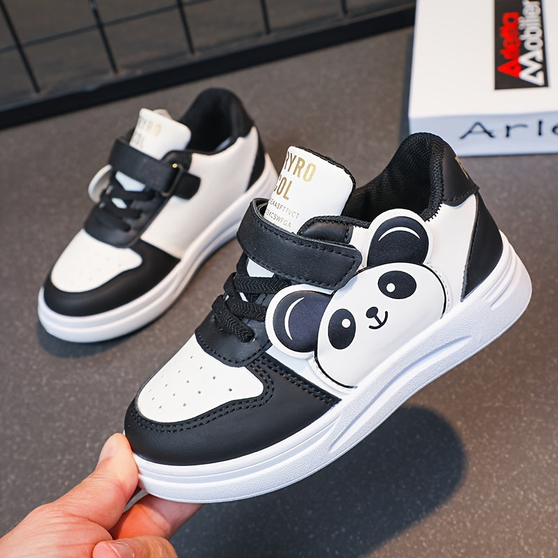 Kids' Panda Cartoon Sneakers for Boys and Girls Black White Non-Slip Velcro Shoes