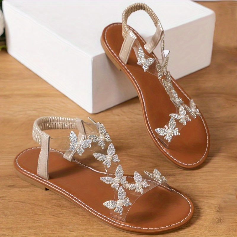 Women's Flat Sandals Rhinestone Butterfly Transparent Straps Summer Beach Vacation