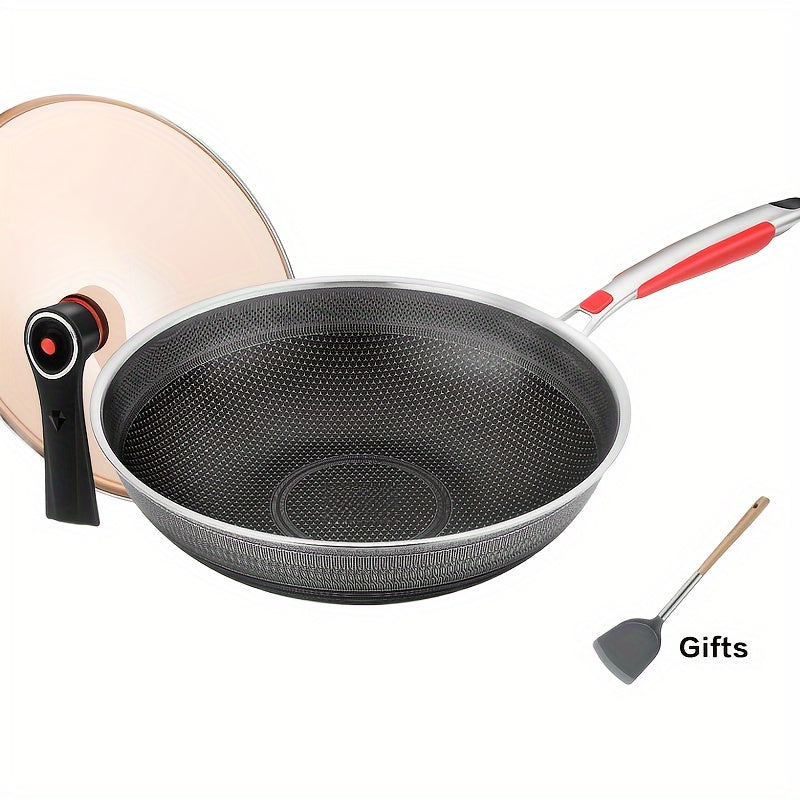 Wok de fondo plano de doble cara de 34cm con recubrimiento antiadherente, acero inoxidable, tapa de vidrio