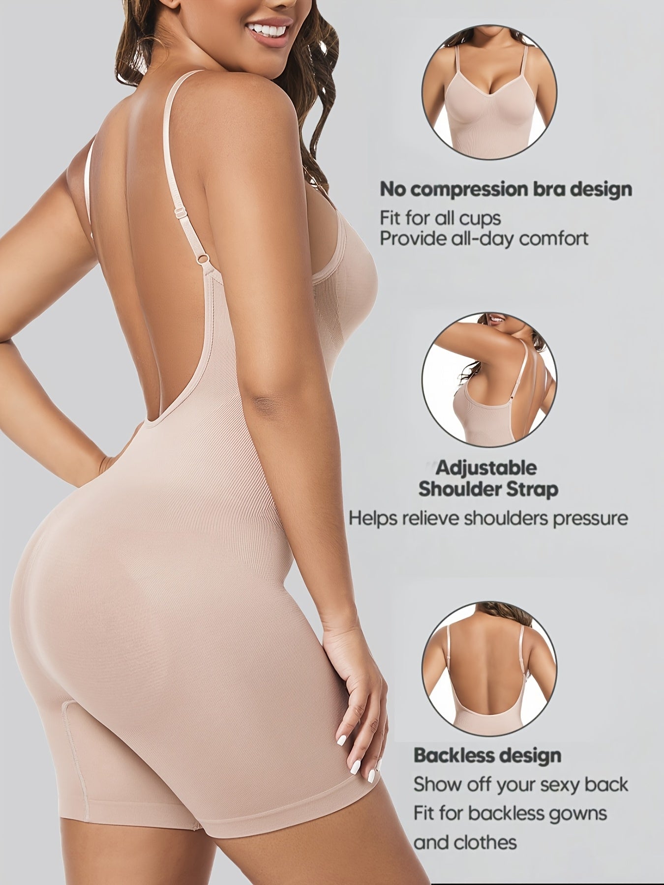 Ayollar uchun qora shovqinsiz qorin nazorati bodysuiti, tizzalarni ko'taruvchi va orqa qismi ochiq dizayni bilan