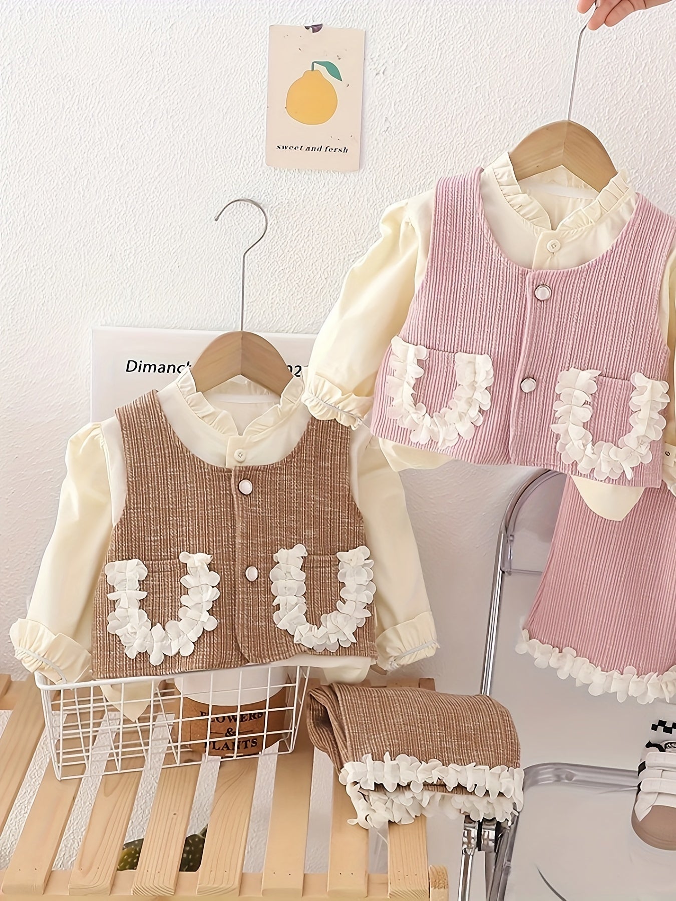 Girls Autumn Outfit Set Shirt Vest with Lace Pockets Trousers Cotton Blend Spring Fall Kids