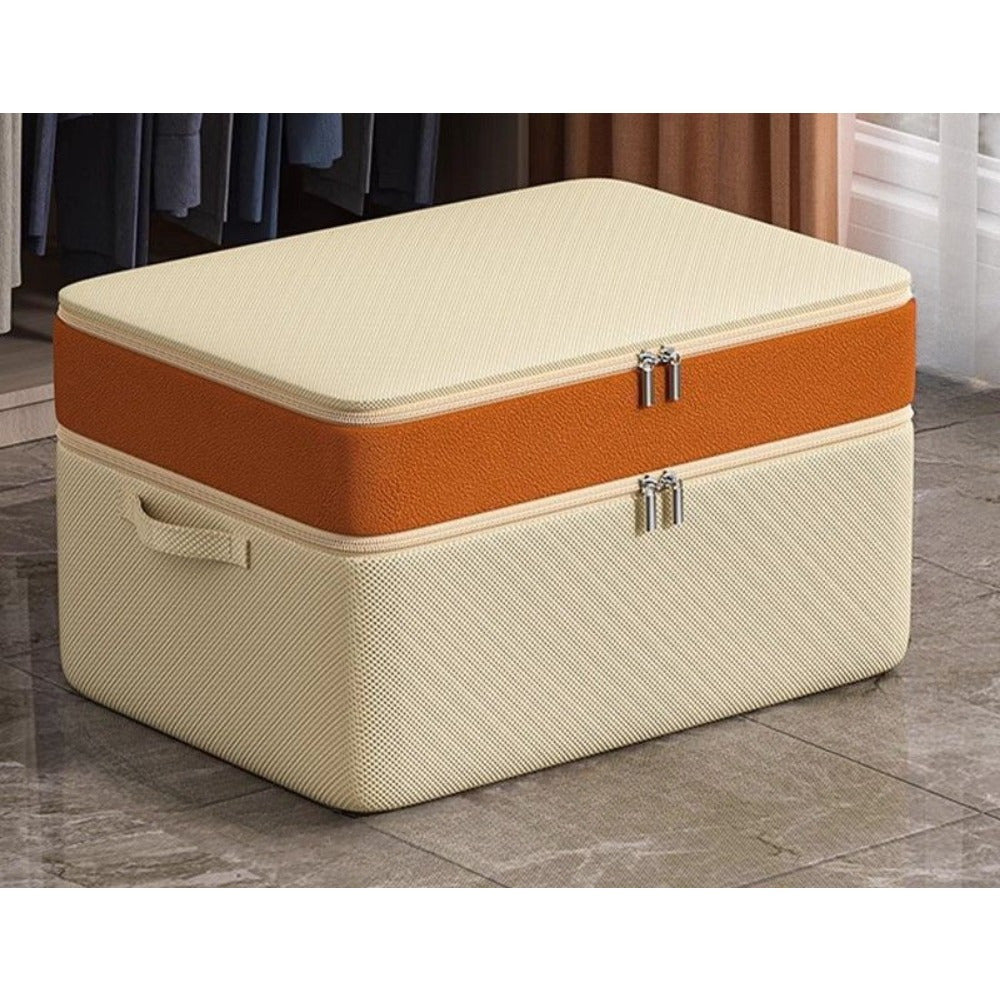 Katta sig'imli ikki qatlamli kiyim saqlash qutisi, apelsin va bej matoda, kir va aksessuarlarni tartibga solish uchun mukammal. To'rtburchak shakli, yostiq ostida saqlash uchun zip yopilishi.