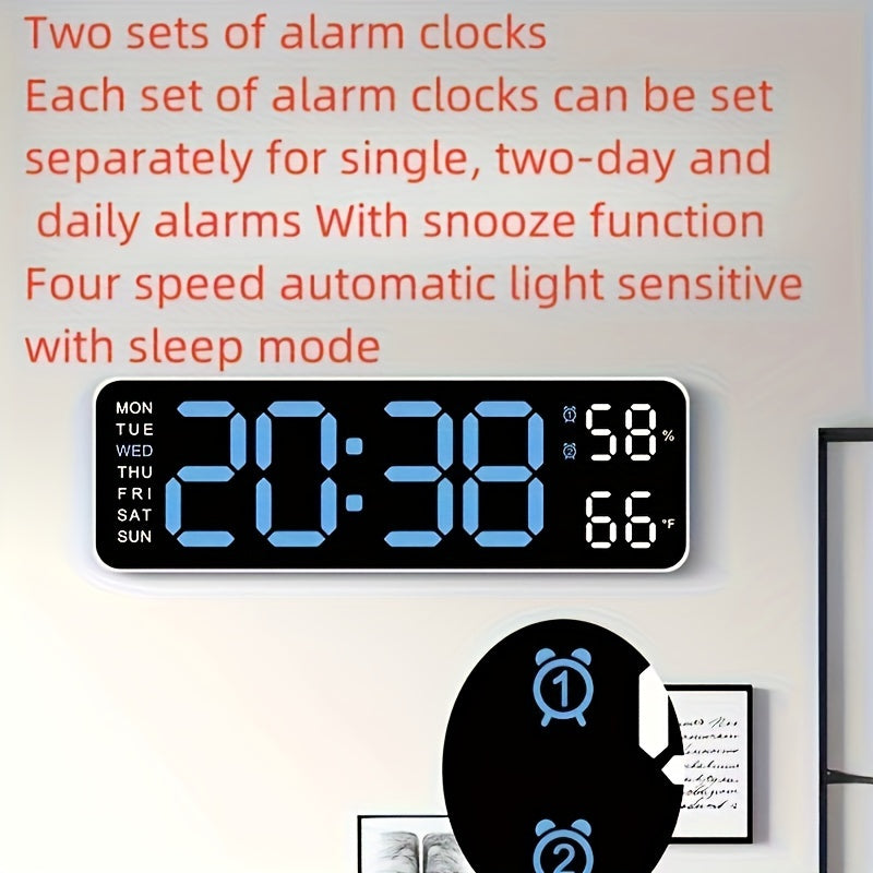 Digital Wall Clock with Large Display Temperature Humidity Weather Icons USB Powered Wall Mount