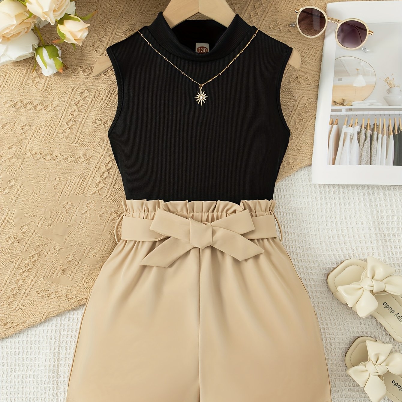 Летний комплект для девочек: безрукавка из трикотажа и шорты с ремнём для активного отдыха