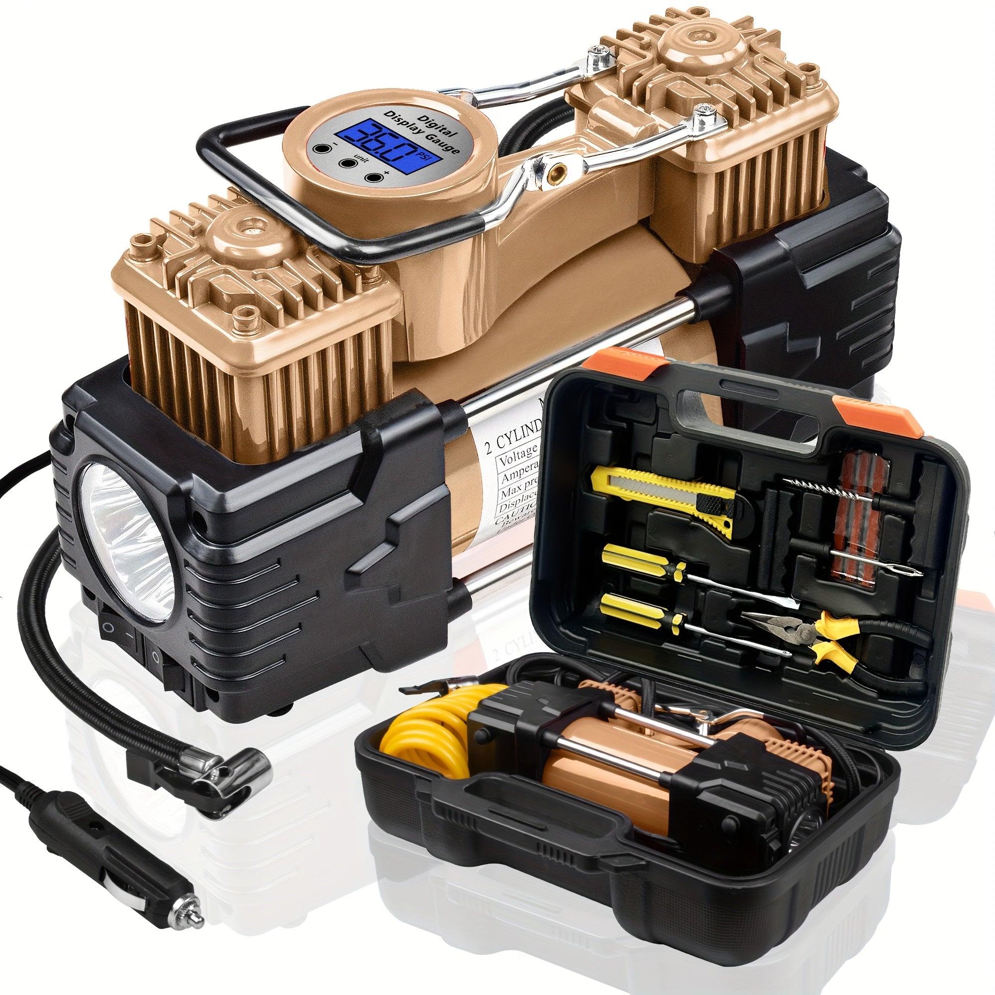 MESHUBA Ikki Silindrli Havo Kompressori: 12V 150 PSI, Avtomatik O'chirish, Raqamli O'lchov va LED Chiroq. Avtomobillar, velosipedlar, SUVlar uchun og'ir yuk ko'taruvchi portativ shinalar inflatori, aksessuarlar uchun olib yurish sumkasi bilan birga.