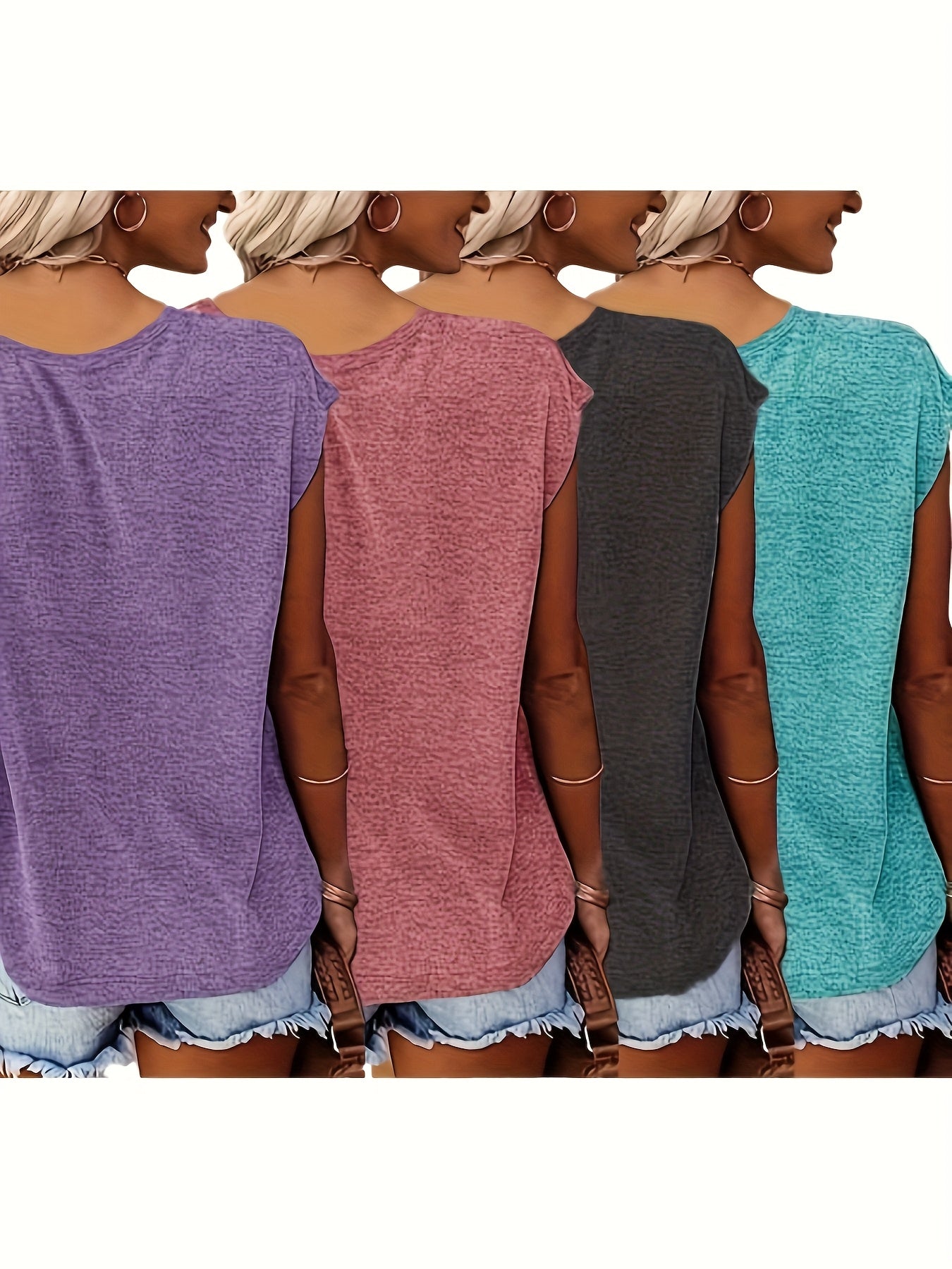 Комплектация из 4 футболок с коротким рукавом и V-образным вырезом для полных женщин, летние повседневные топы