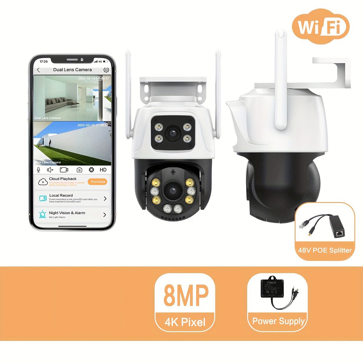 4K Dual-Lens WiFi Security Camera with Night Vision Motion Detection and Two-Way Audio