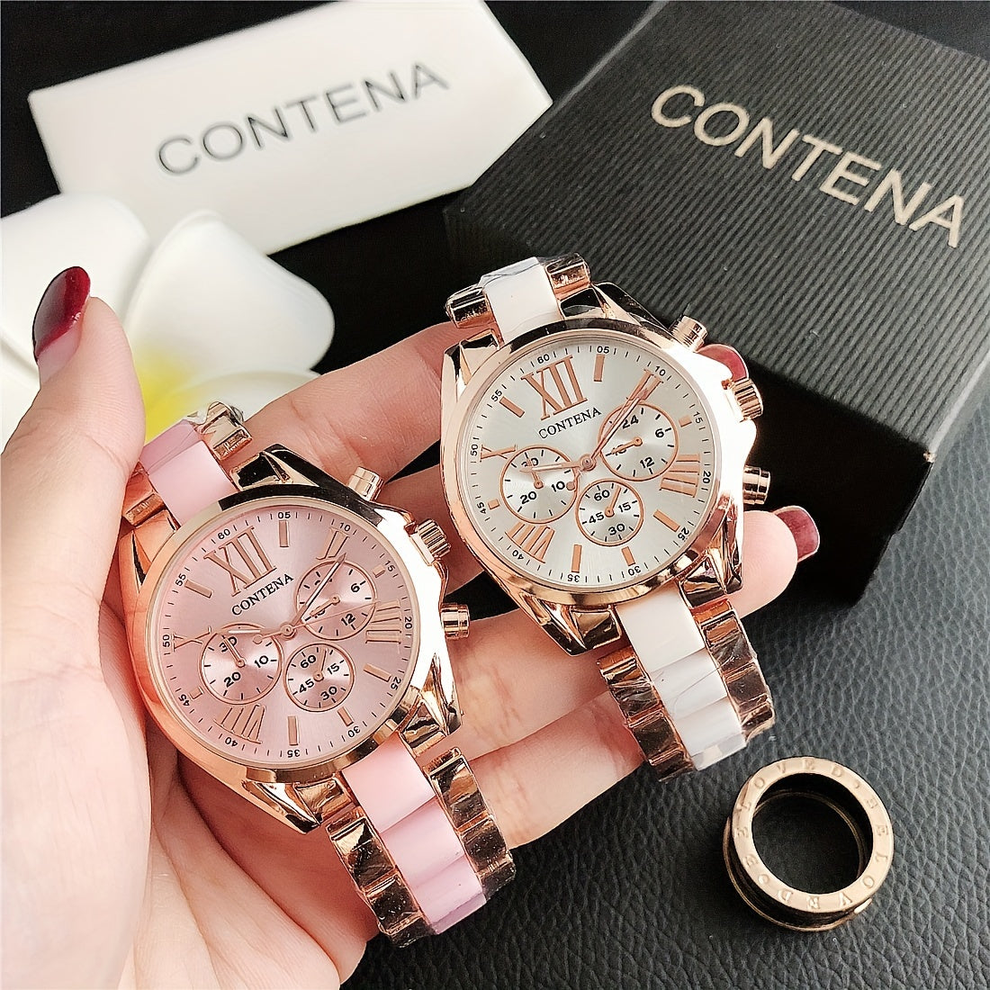 Reloj de mujer en oro rosa con cuarzo, fases lunares y calendario, pulsera de acero inoxidable