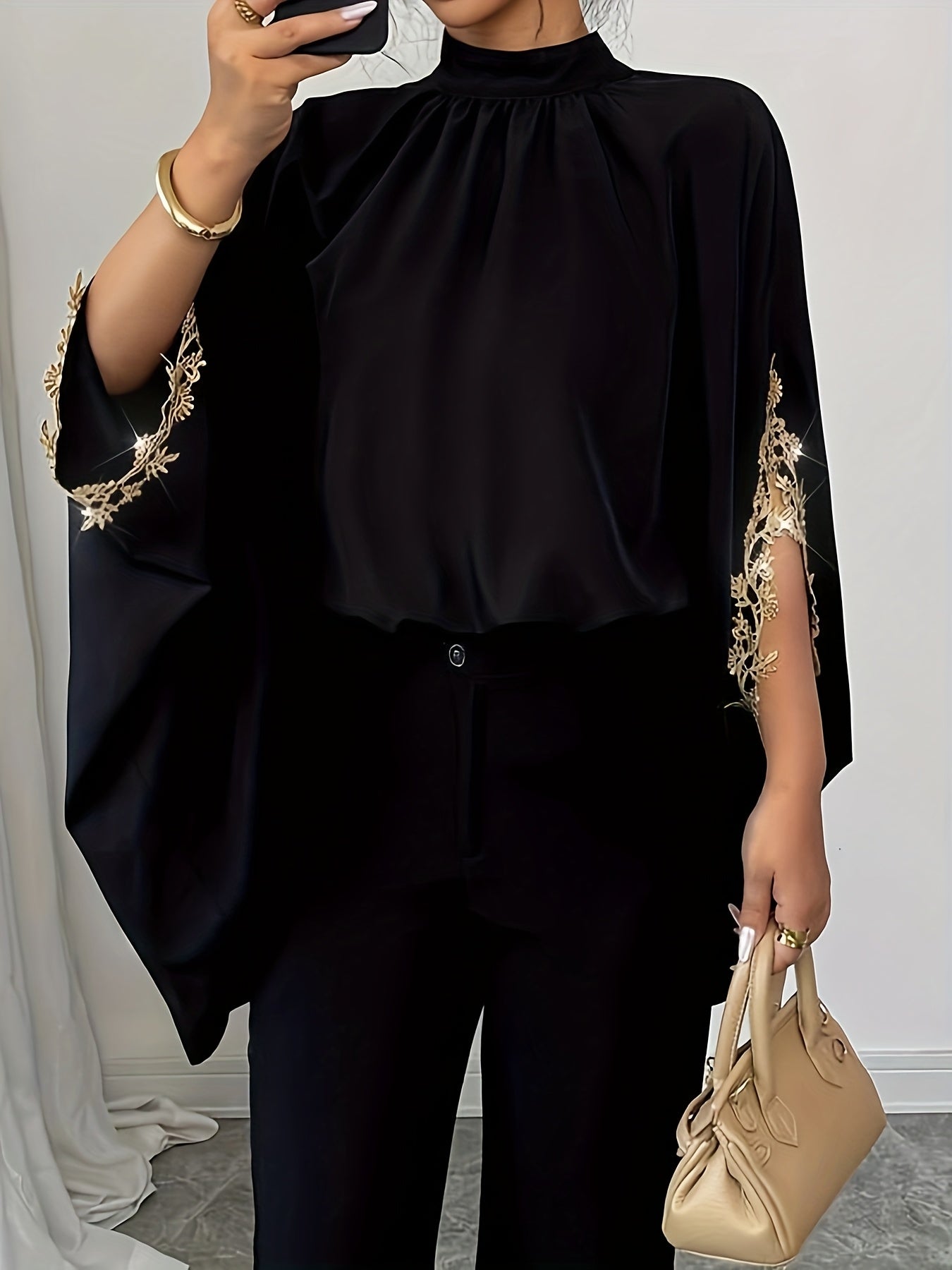 Plus Size Women's Blouse Black Puffed Sleeve Summer Casual Top
