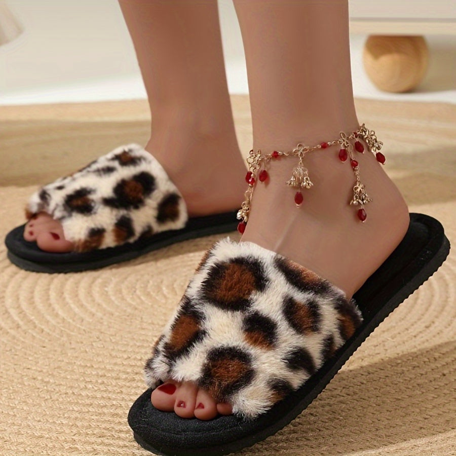 Women's Leopard Print Fuzzy Open-Toe Slippers Plush Warm House Shoes