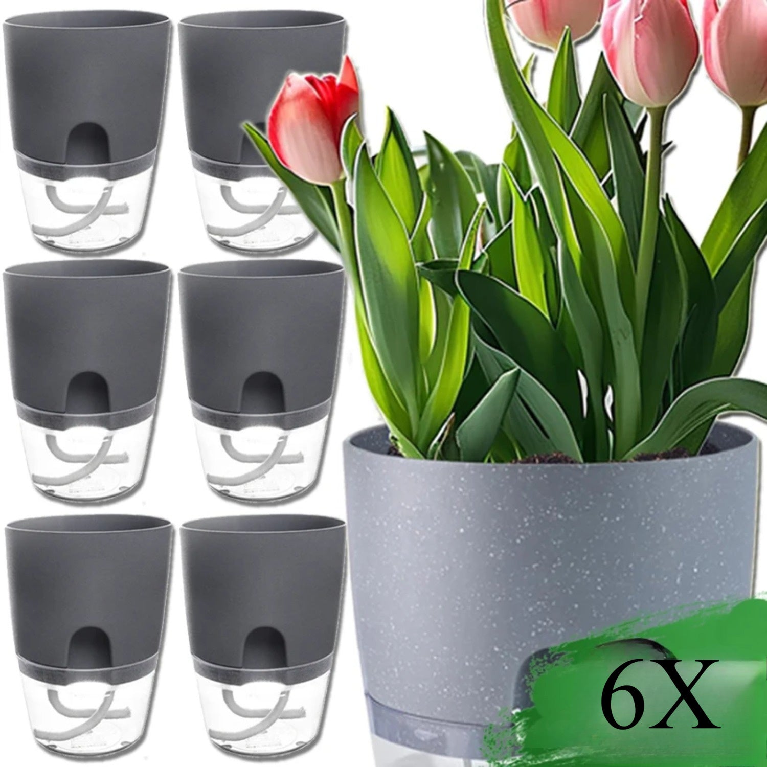 Set of 6 Self-Watering Planters with Double Layer Design Lightweight Plastic Indoor Gardening