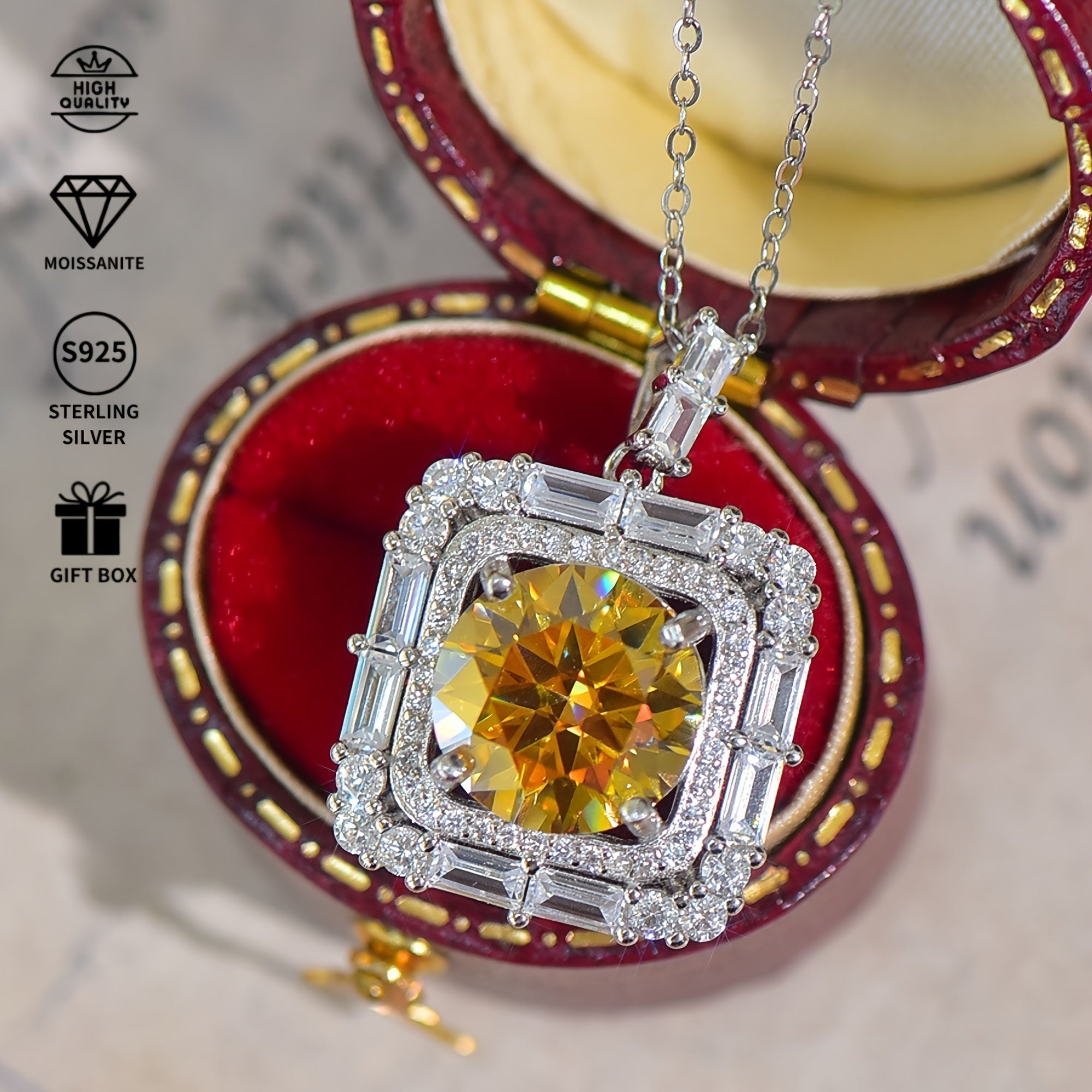 Sterling Silver Square Pendant Necklace 5 Carat Yellow Moissanite Jewelry