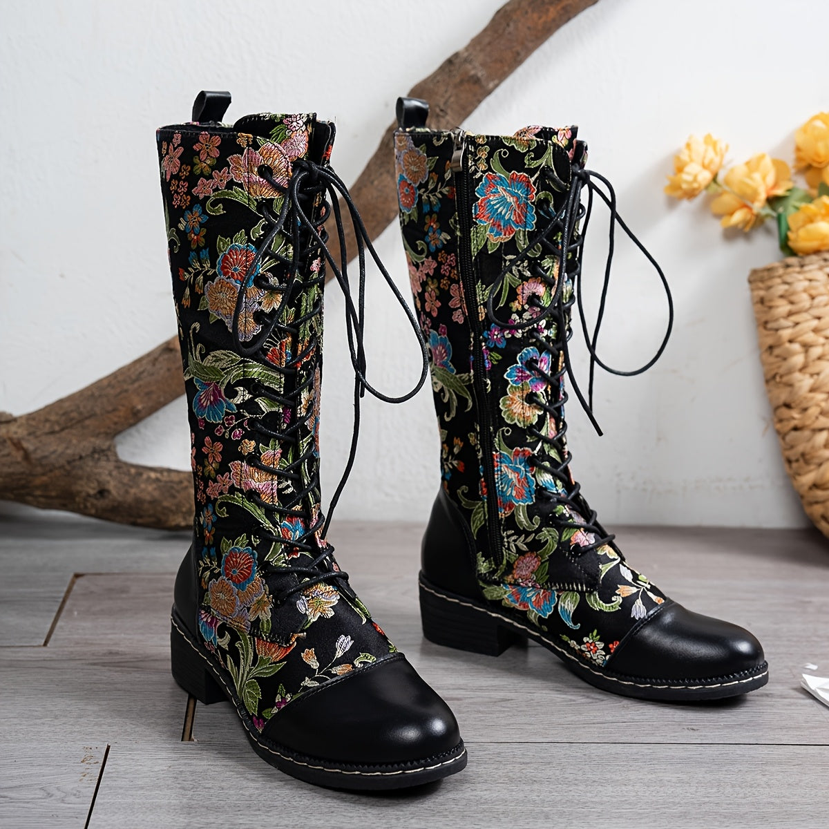 Women’s Floral Knee-High Boots Canvas Lace-Up All-Season Black