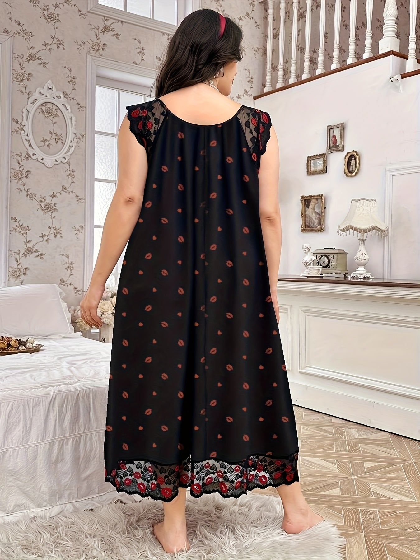Women's Heart Print Lace Trim Nightgown Polyester Blend All Seasons