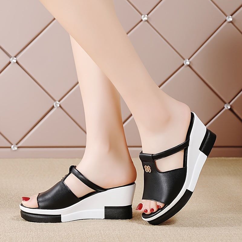 Women's Wedge Sandals with Cut-Out Peep Toe Slip-On Platform for Casual Summer