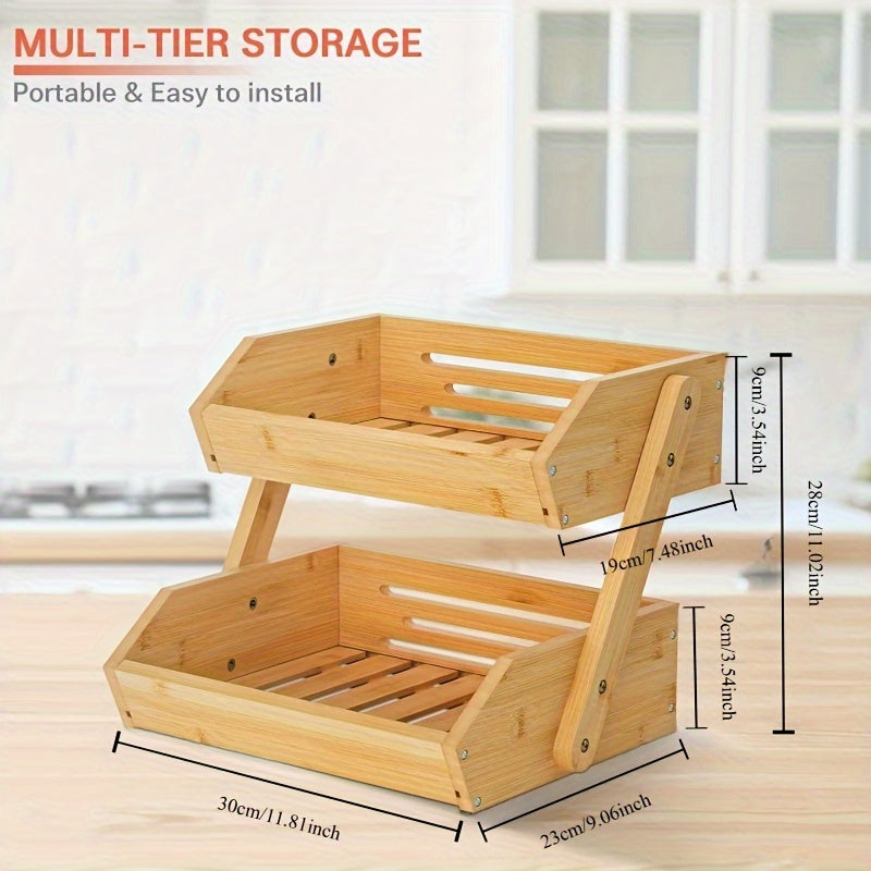 2-Tier Bamboo Kitchen Fruit and Vegetable Basket for Countertop Storage