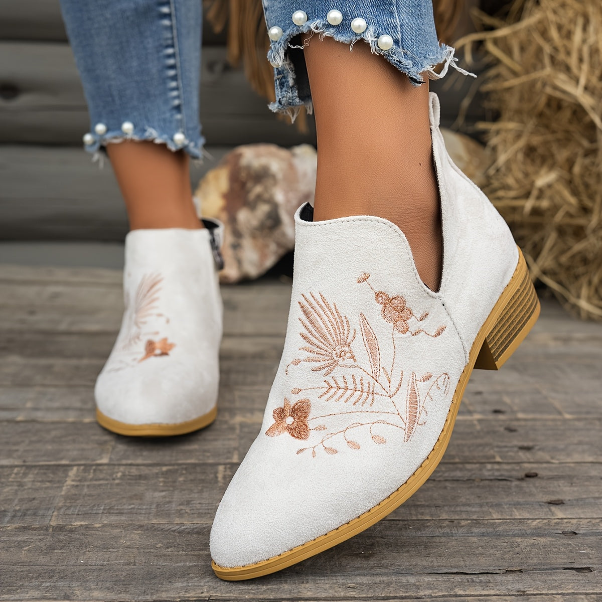 Women's Vintage Embroidered Ankle Boots Pointed Toe Low Heel Casual Shoes