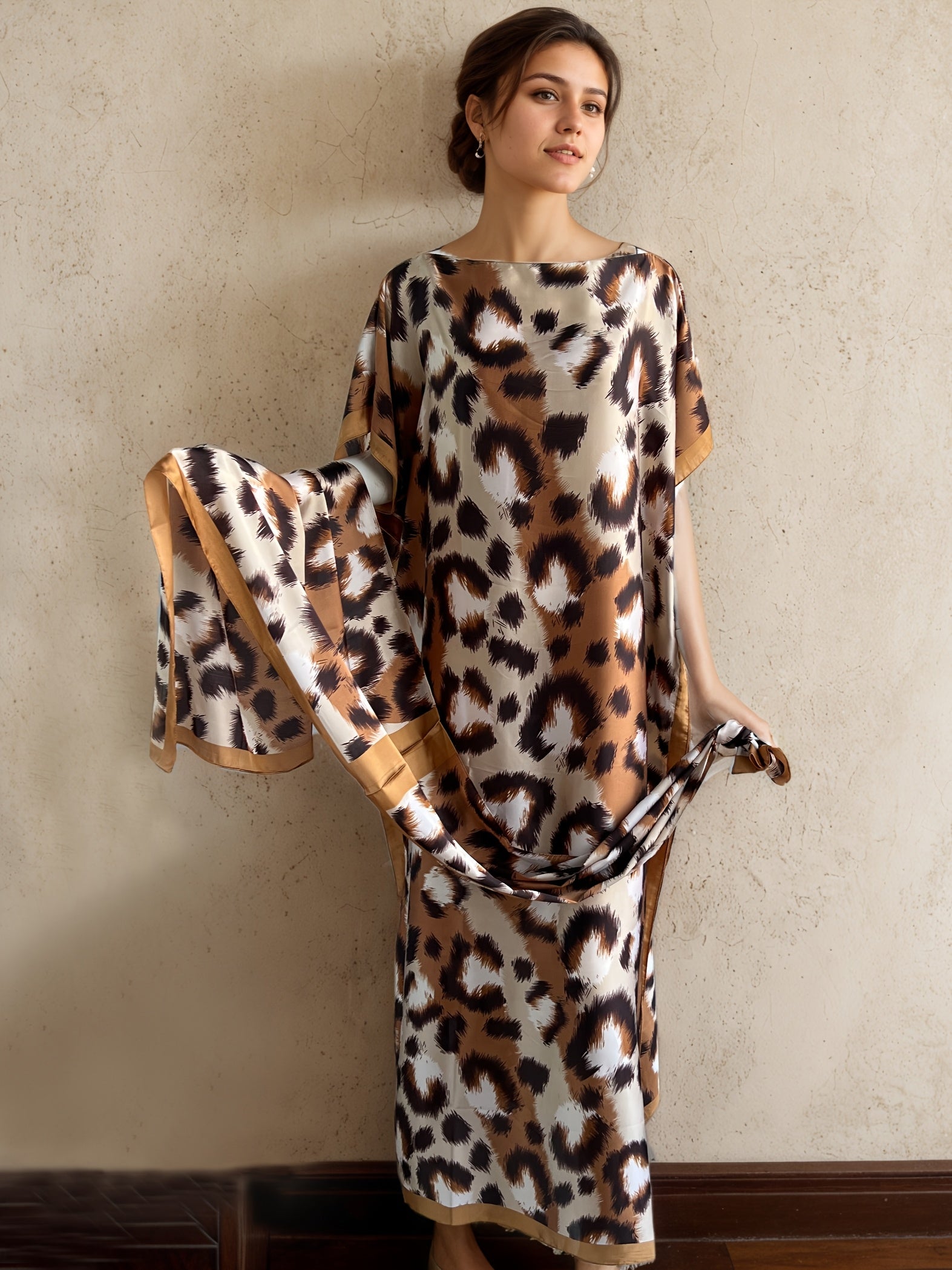 Plus Size Women's Leopard Print Tunic Dress with Scarf Brown Casual All-Season