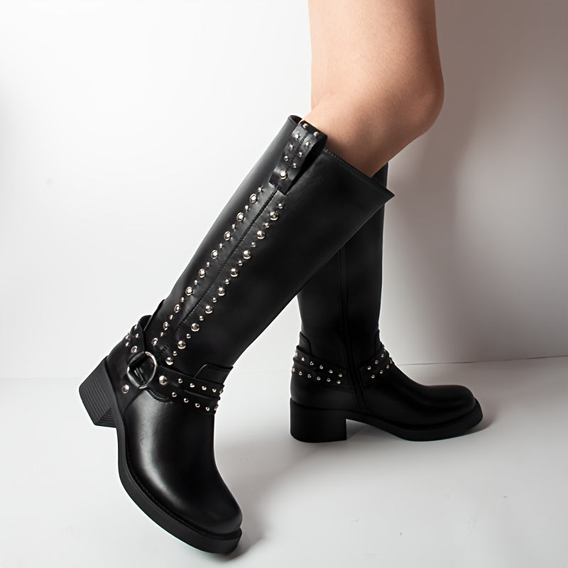 Women's Knee High Boots Leather Rivet Decor Square Toe Block Heel
