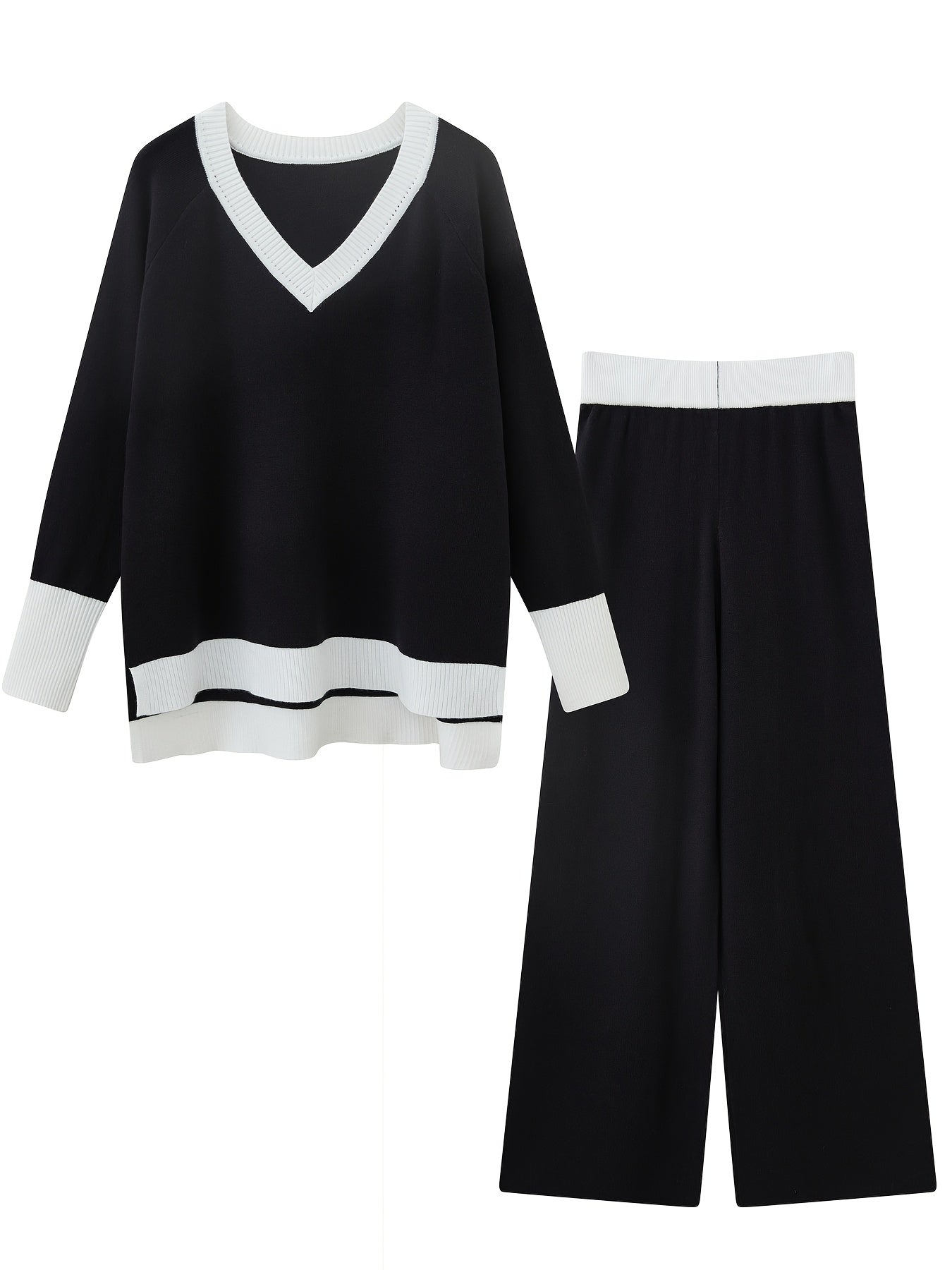 Viscose Knit Women's Two-Piece Outfit Color Block V-Neck Sweater and Trousers