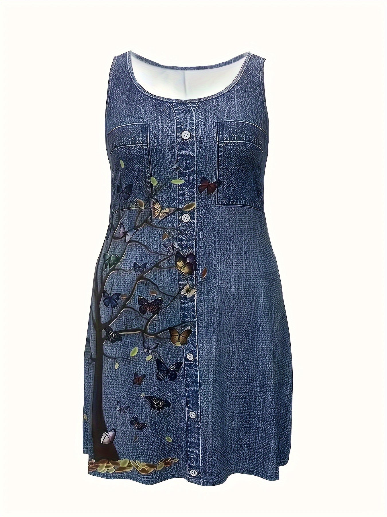 Plus Size Women's Cotton Sleep Dress with Butterfly Tree and Denim Print